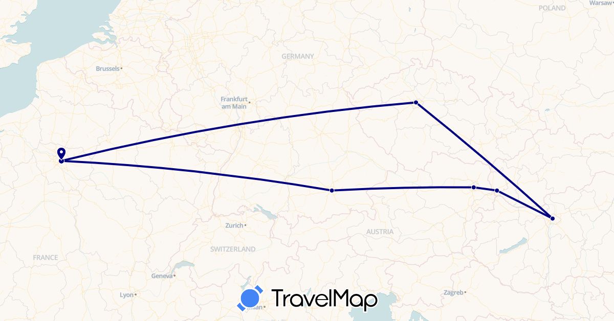 TravelMap itinerary: driving in Austria, Czech Republic, Germany, France, Hungary, Slovakia (Europe)